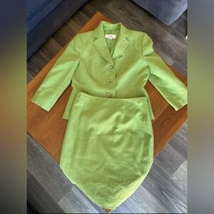 Le Suit Light Green Textured Blazer and Skirt Set